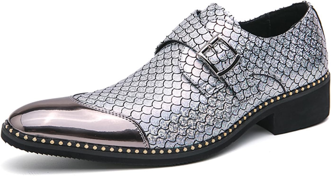 

Мужские лоферы с глянцевой кожей и принтом, грубый каблук, для вечеринок, с пряжкой-монахом, модный носок, заостренный носок, низкий каблук, без шнуровки, классические оксфорды для работы и официальных мероприятий Uzujbaa, серебро