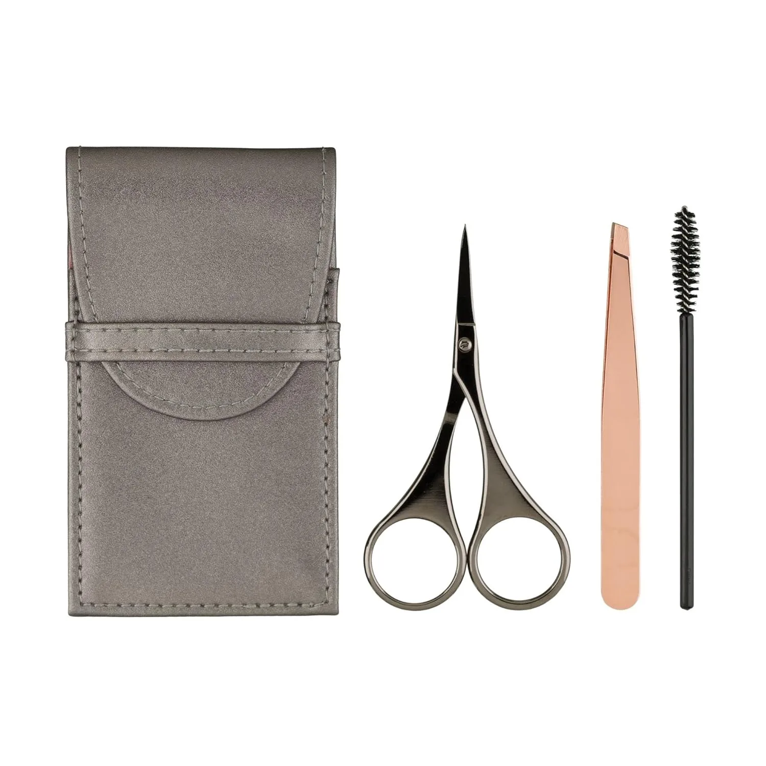 Набор для бровей JAPONESQUE Luxe Brow Kit, пинцет с косым срезом цвета розового золота, косметические ножницы, щеточка для бровей., black / copper