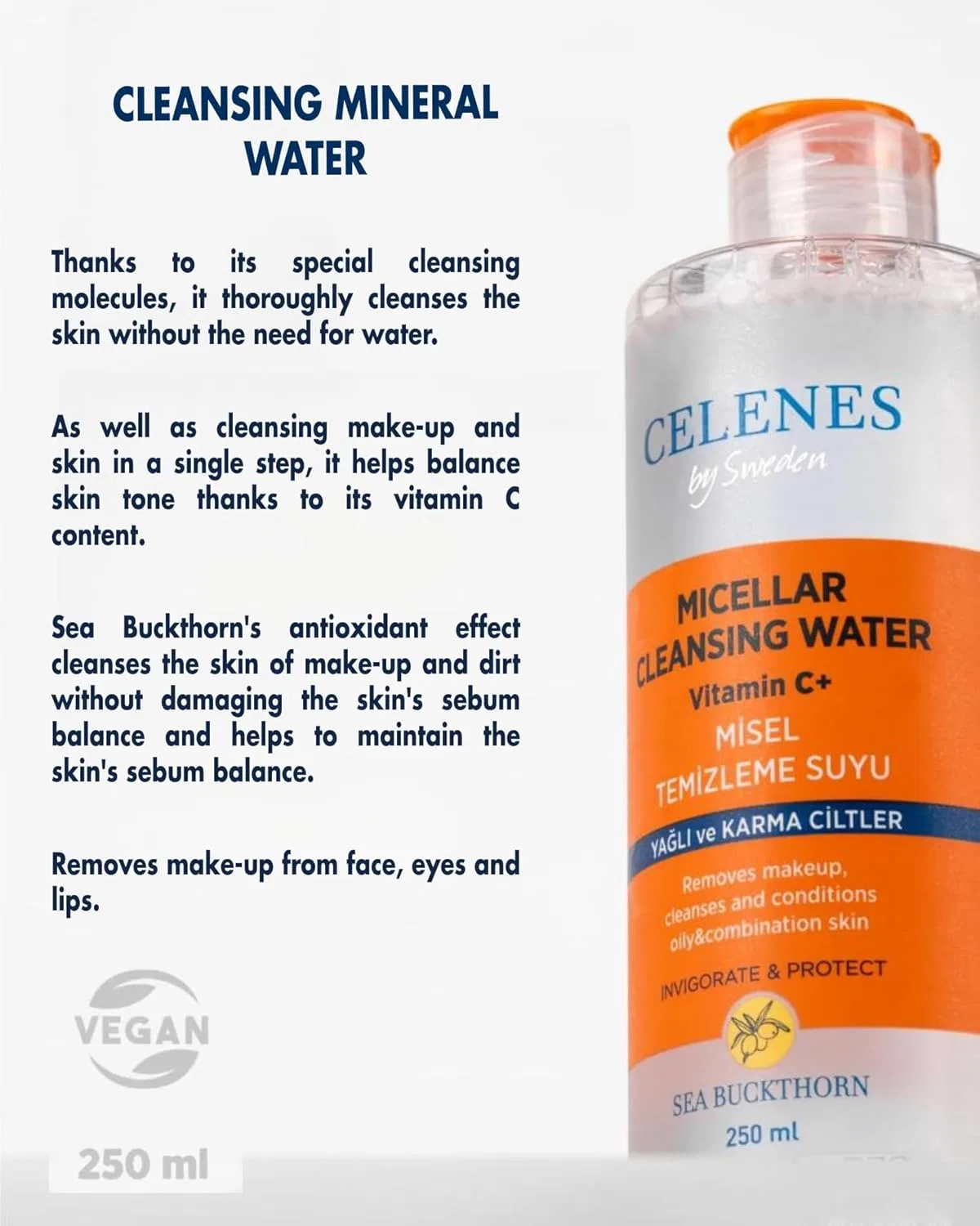 Усовершенствованная мицеллярная очищающая вода Celenes by Sweden с облепихой и витамином C, 250 мл Celenes By Sweden — фото 3