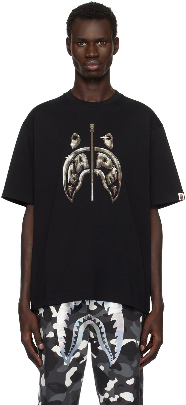 

Футболка свободного кроя с принтом фото акулы BAPE, черный