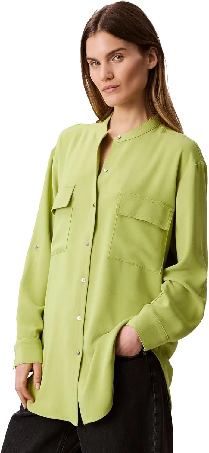 Блуза свободного кроя Crepe Relaxed Button Down Shirt, Calvin Klein, темно-салатовый