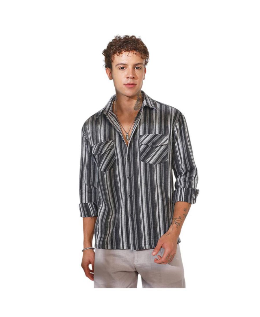 

Мужская рубашка оверсайз в полоску угольно-серого цвета с многослойной расцветкой Campus Sutra, Grey