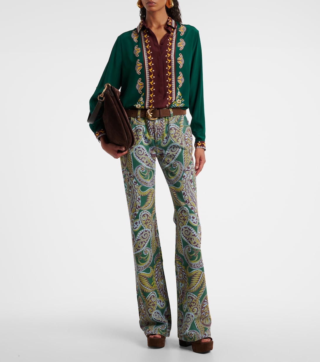 Джинсы bootcut с высокой талией и узором пейсли Etro, Print On Green Base — фото 2