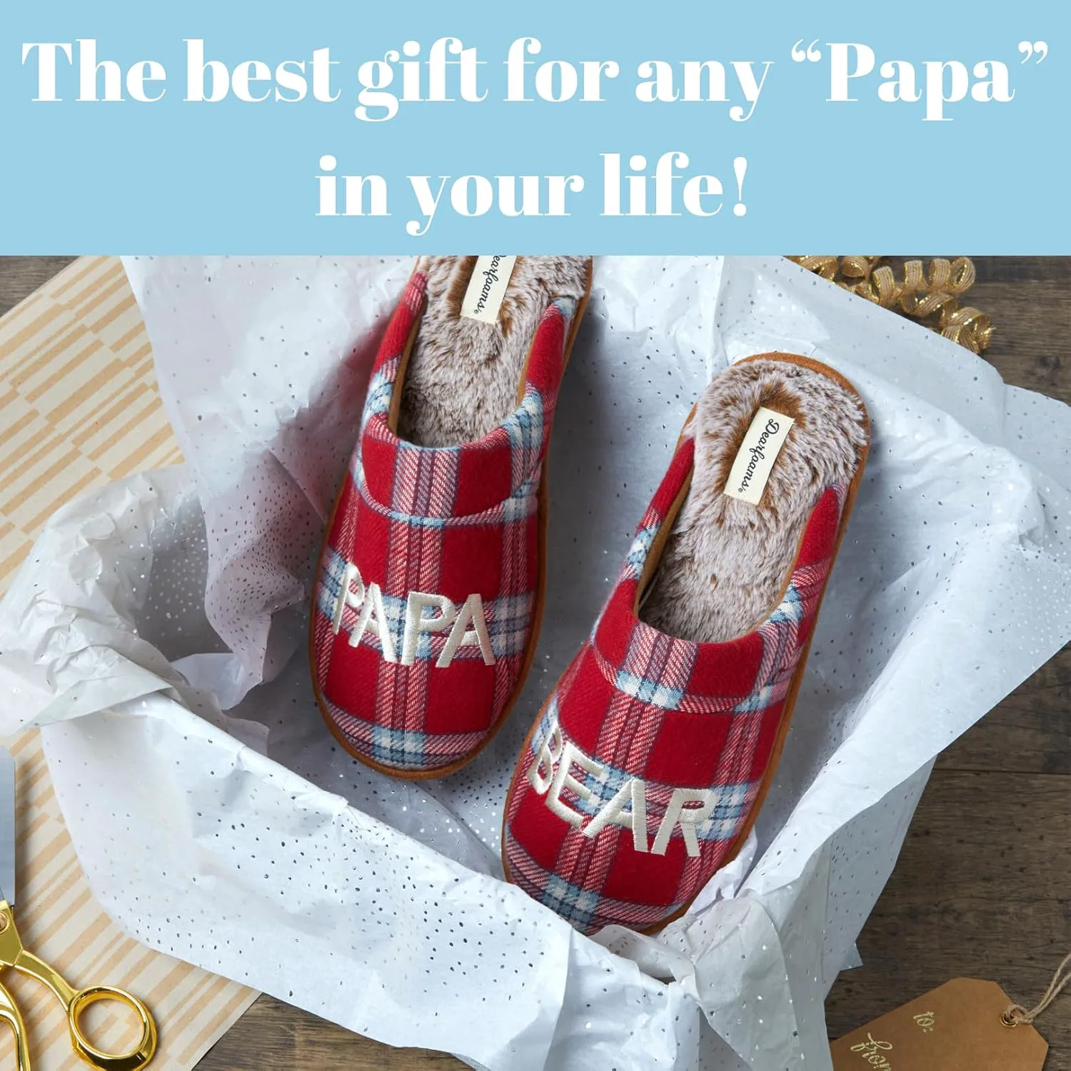 

Мужские тапочки Dearfoams Matching Family Holiday Papa Bear с вышивкой, отделка шерпой, модель Moc Toe, красный/синий