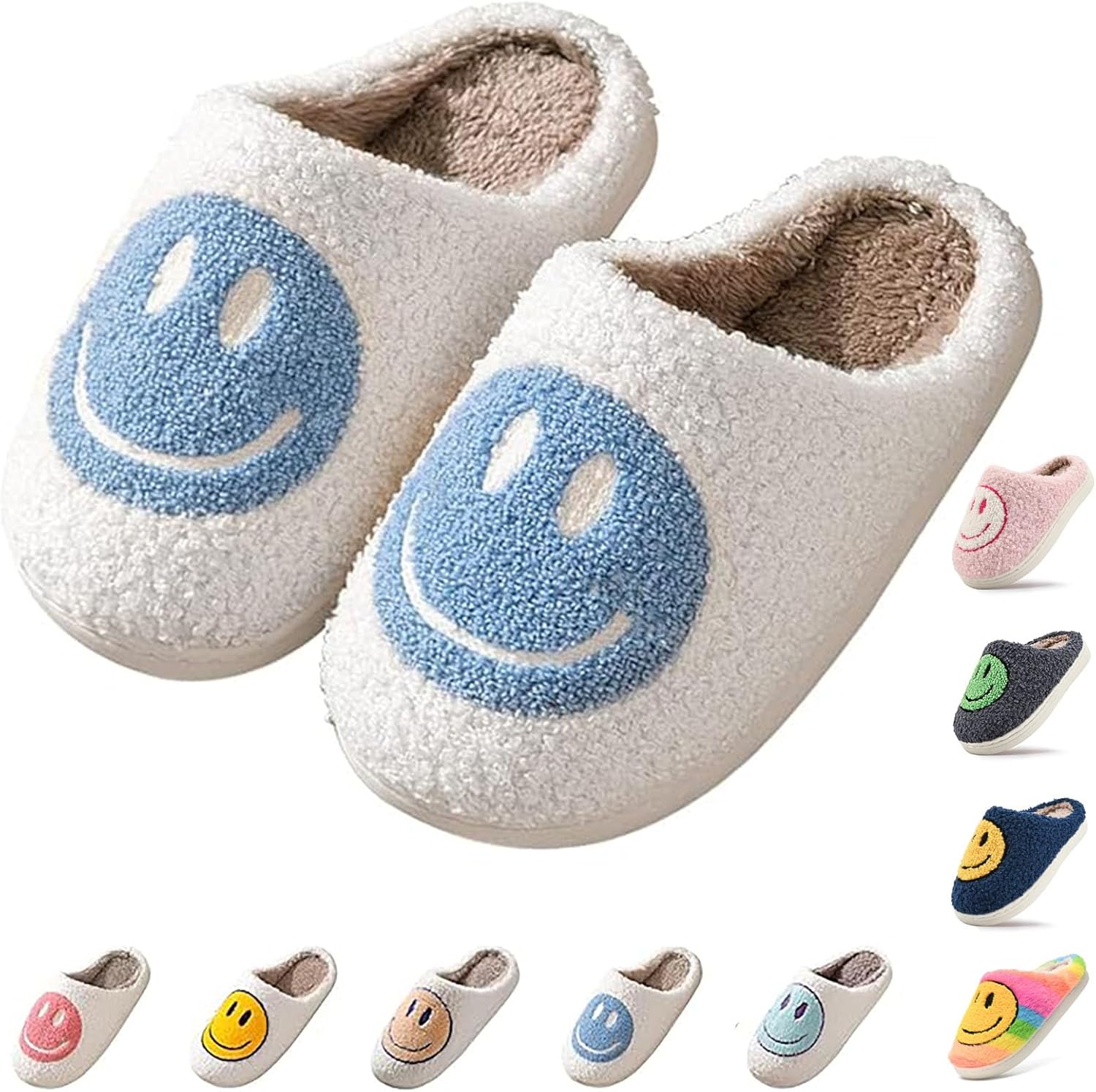 

Милые детские плюшевые тапочки с улыбающимся личиком- нескользящие, теплые, для дома и улицы Soofylia, голубой