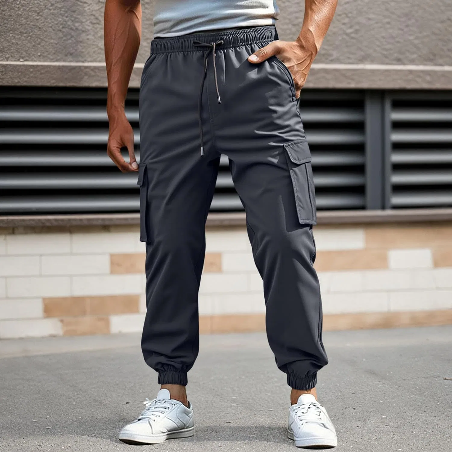 Спортивные штаны для мужчин Stretch с кулиской, карго, Slim Fit, тактические, с карманами, Casual, зауженные, для походов Generic, черный — фото 3