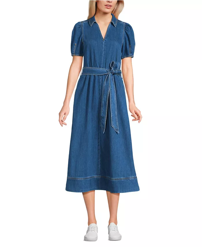 

Женское мягкое джинсовое платье миди с рукавами-фонариками Lands' End, синий