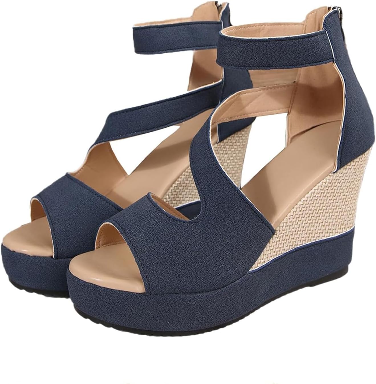 

Женские сандалии на платформе и танкетке с вырезами, задней молнией, модные сандалии с открытым носком, ремешком на щиколотке, летние туфли-обувь, противоскользящие ортопедические Toumov, синий