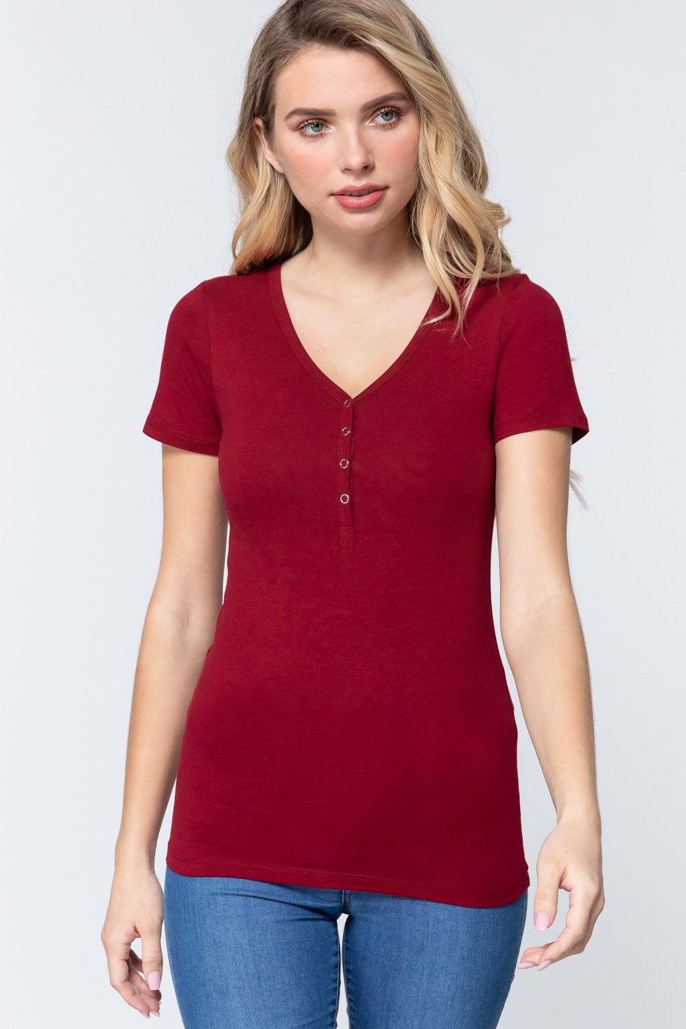 

Короткий Slv V-образный вырез хенли трикотажный топ FASHNZFAB, цвет ruby burgundy
