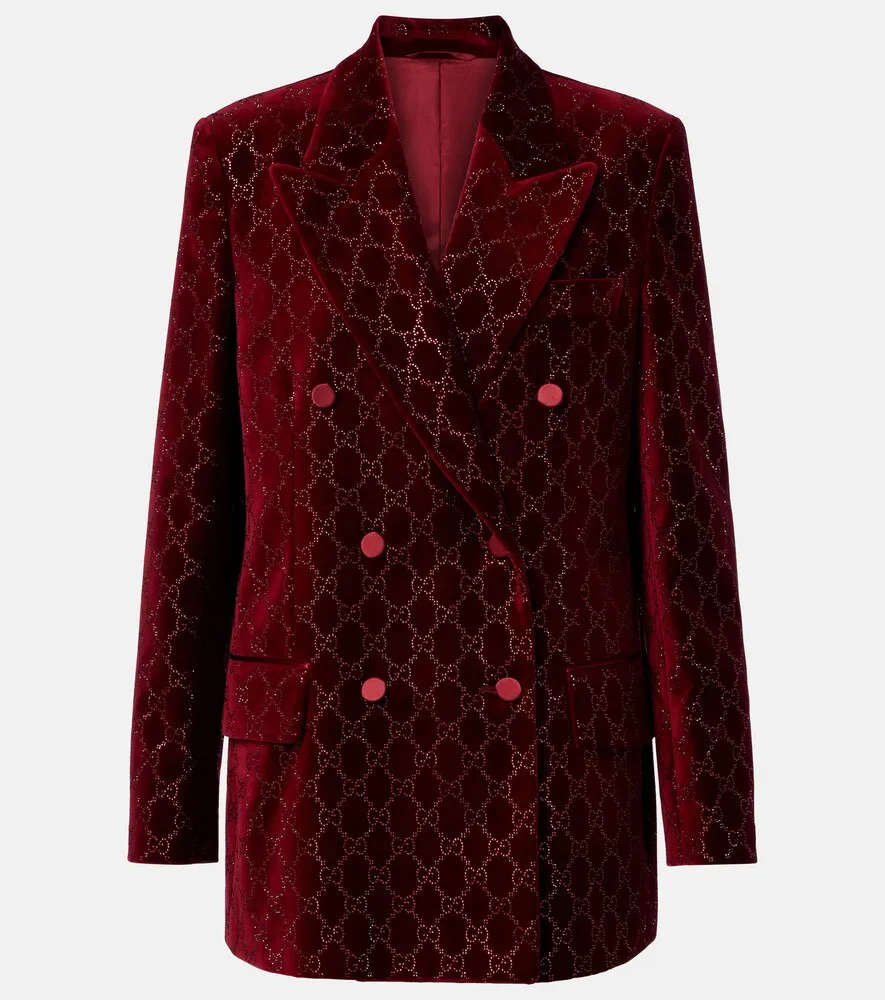 Блейзер Gucci из хлопкового бархата с вышивкой GG, двубортный крой, красный