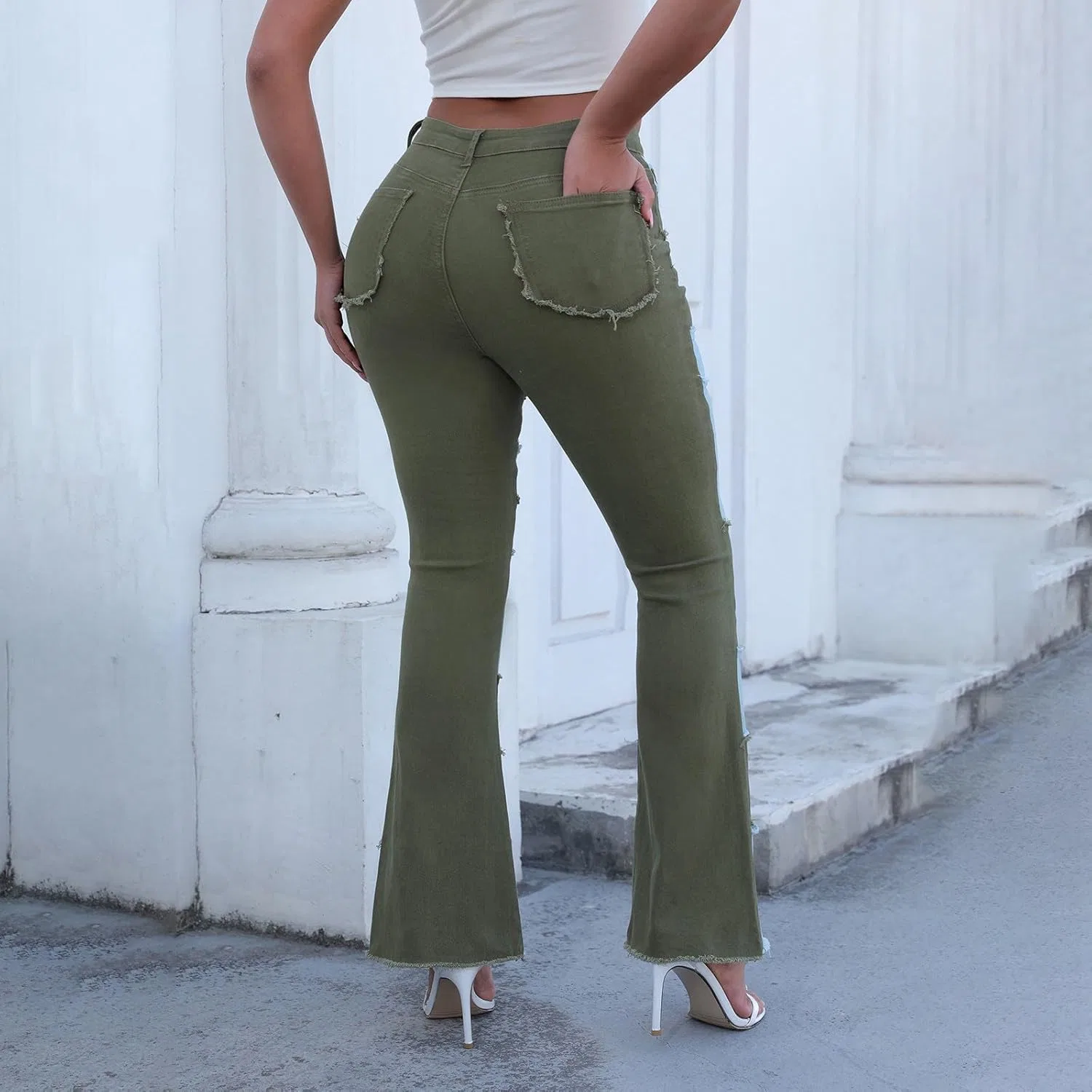 Джинсы клеш, army green — фото 4