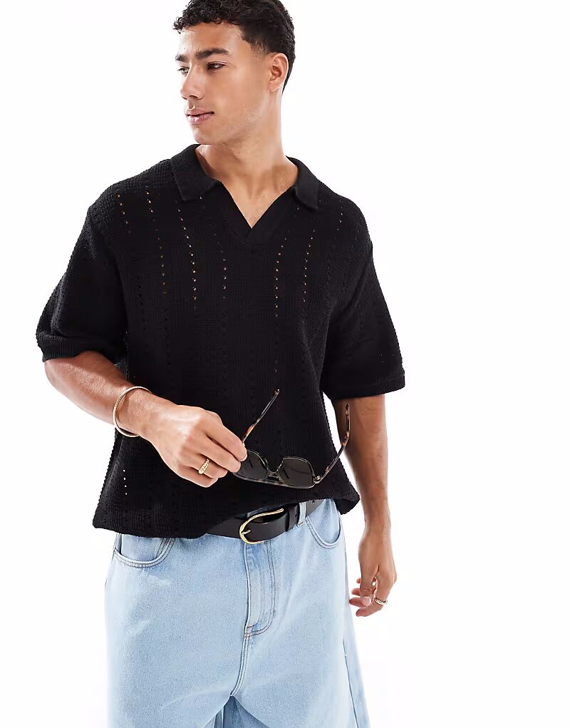 

Поло Jack & Jones с разрезным воротом, связанное крючком, черного цвета