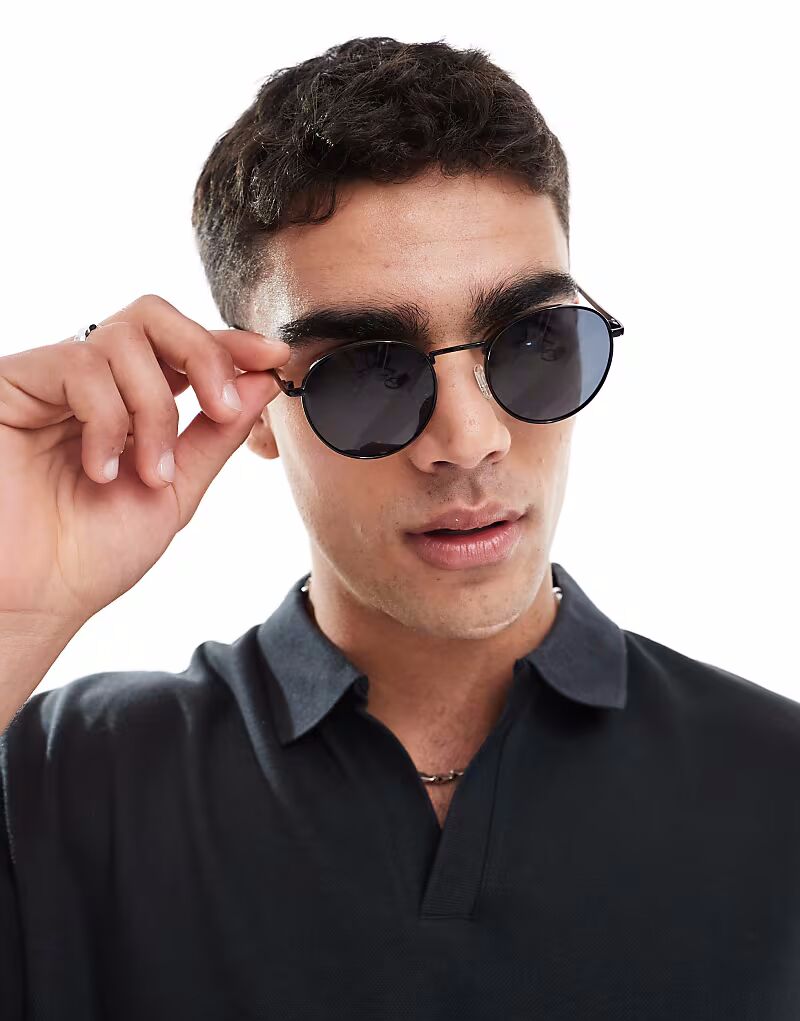 

Солнцезащитные очки Jack & Jones в круглой металлической оправе черного цвета