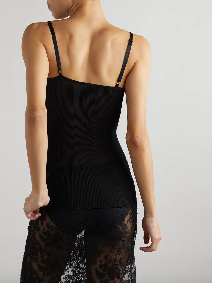 Майка из ребристого джерси на шелковой основе с кружевной отделкой SAINT LAURENT, черный — фото 4