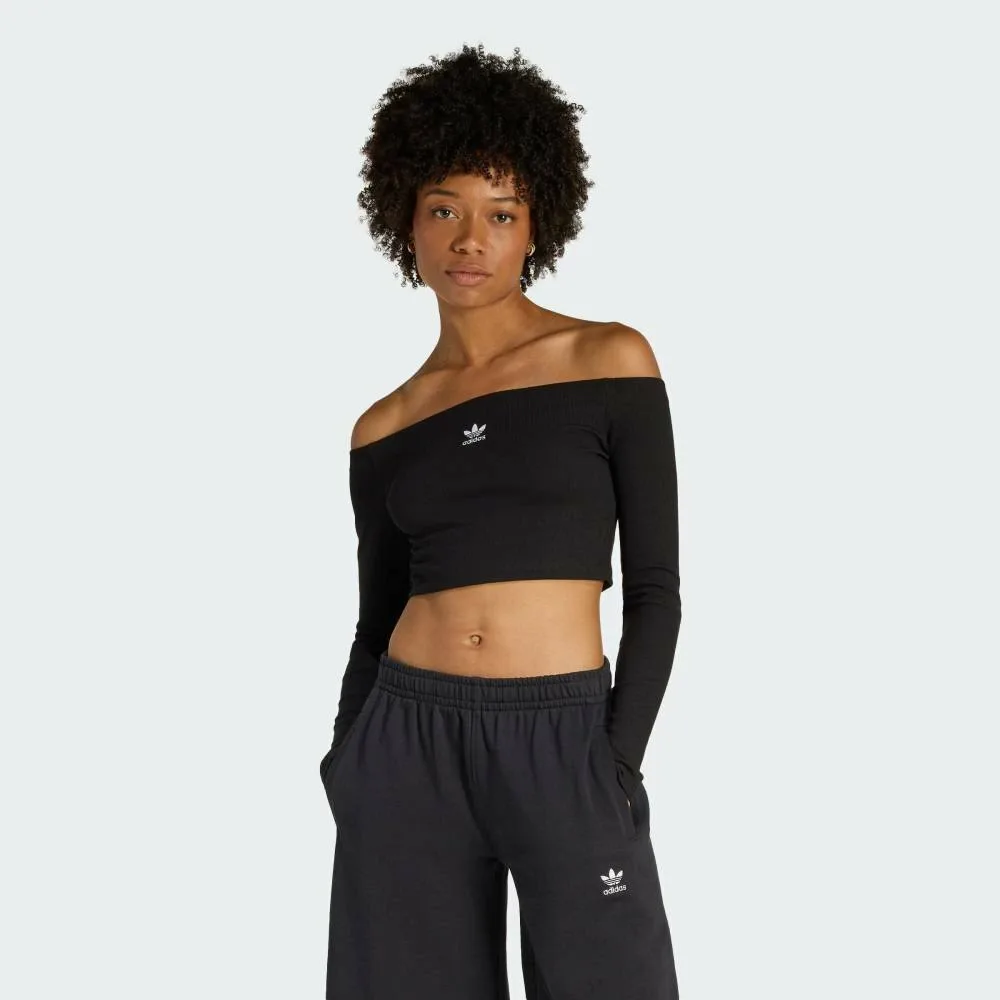 Футболка с длинными рукавами и открытыми плечами Essentials в рубчик Adidas, black