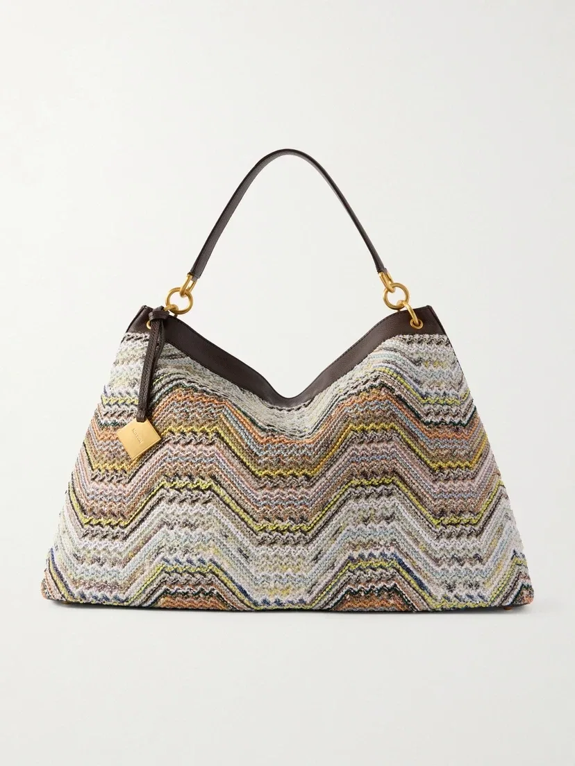 Плетеная сумка через плечо со стразами в полоску и кожаной отделкой Missoni, бежевый