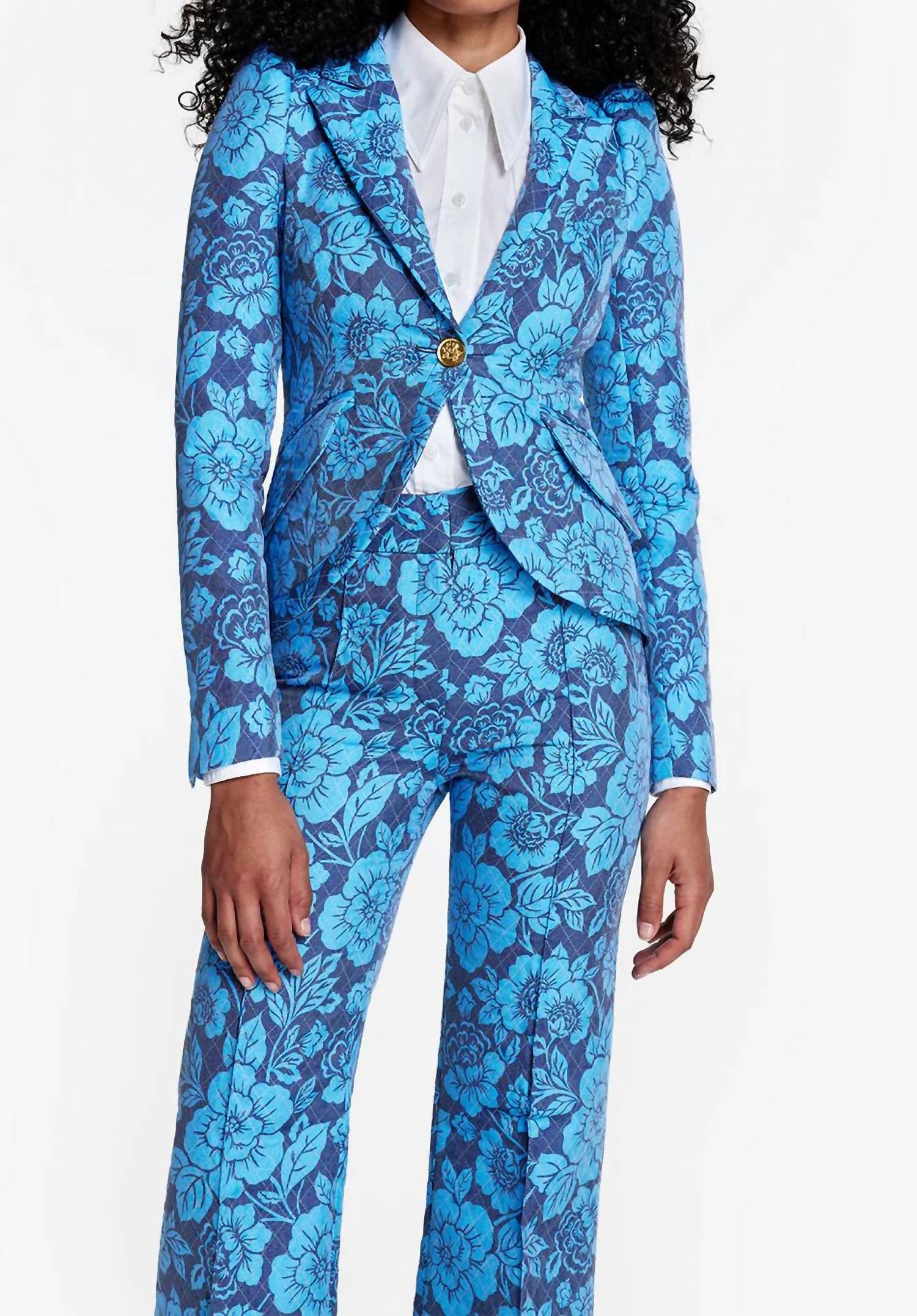 

Индиго цветочный приталенный пиджак с разрезами на рукавах и одной пуговицей Smythe