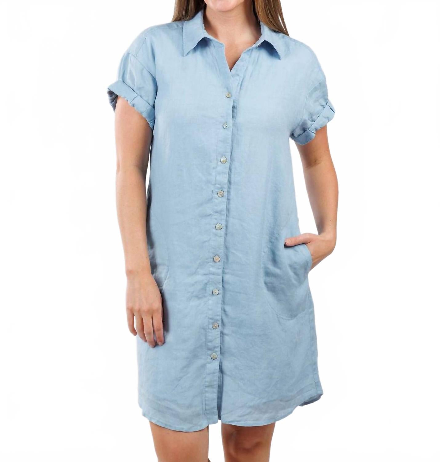 

Свободное платье с закатанными рукавами из стираного льна в свежем голубом Finley