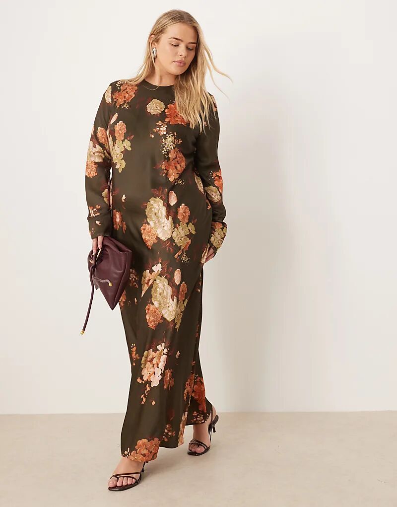 

Платье-комбинация макси из матового атласа ASOS DESIGN Curve с шоколадным цветочным принтом и швами