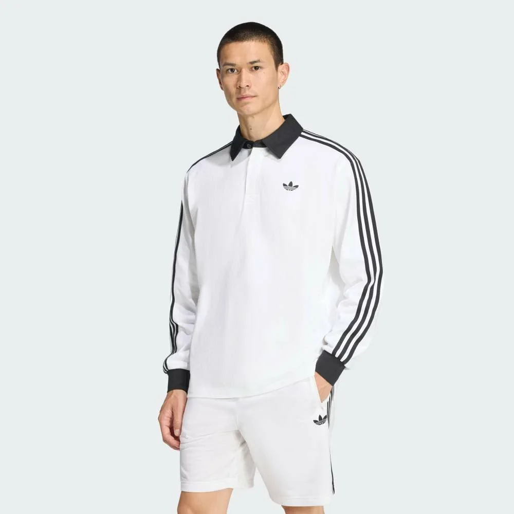 Футболка-поло с длинными рукавами и тремя полосками для регби Adidas, white