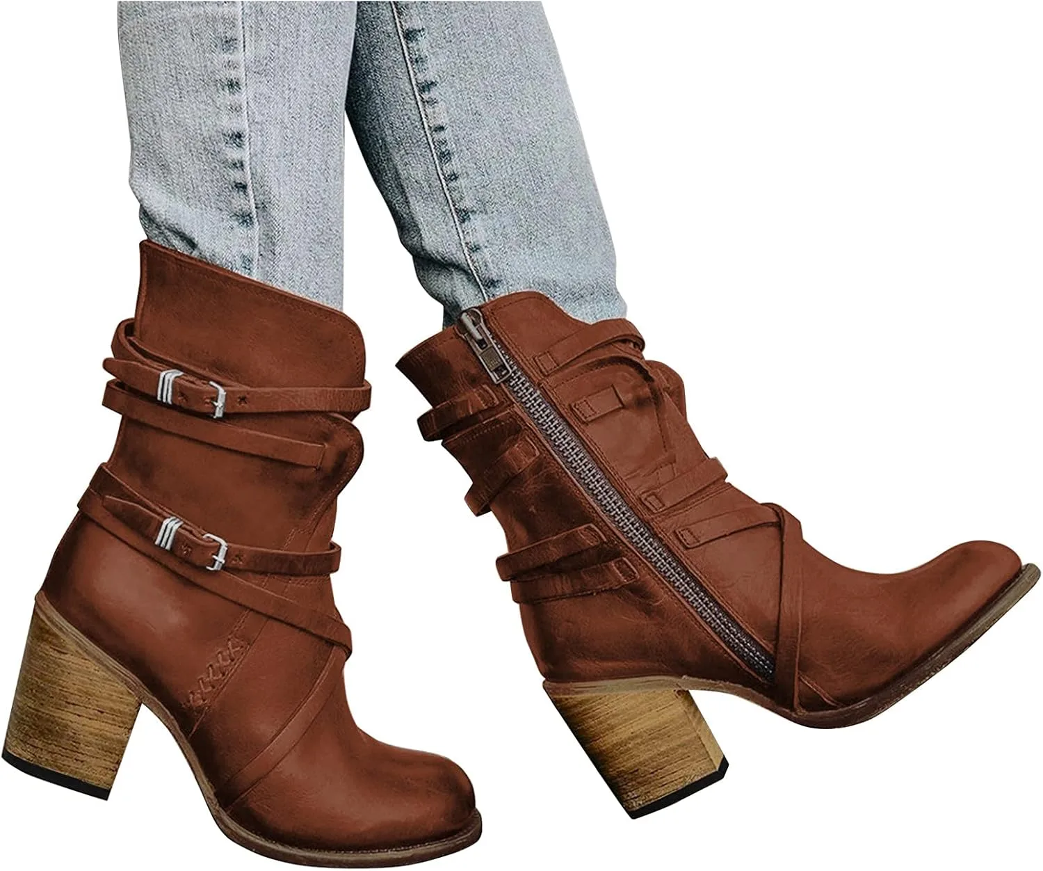 Зимние сапоги для женщин, британские сапоги на массивных каблуках для мужчин, сапоги на платформе для женщин, ретро-сапоги с ремешками на щиколотке, сапоги-шорты для женщин, высокая талия, обувь для вечеринки Generic, коричневый — фото 3