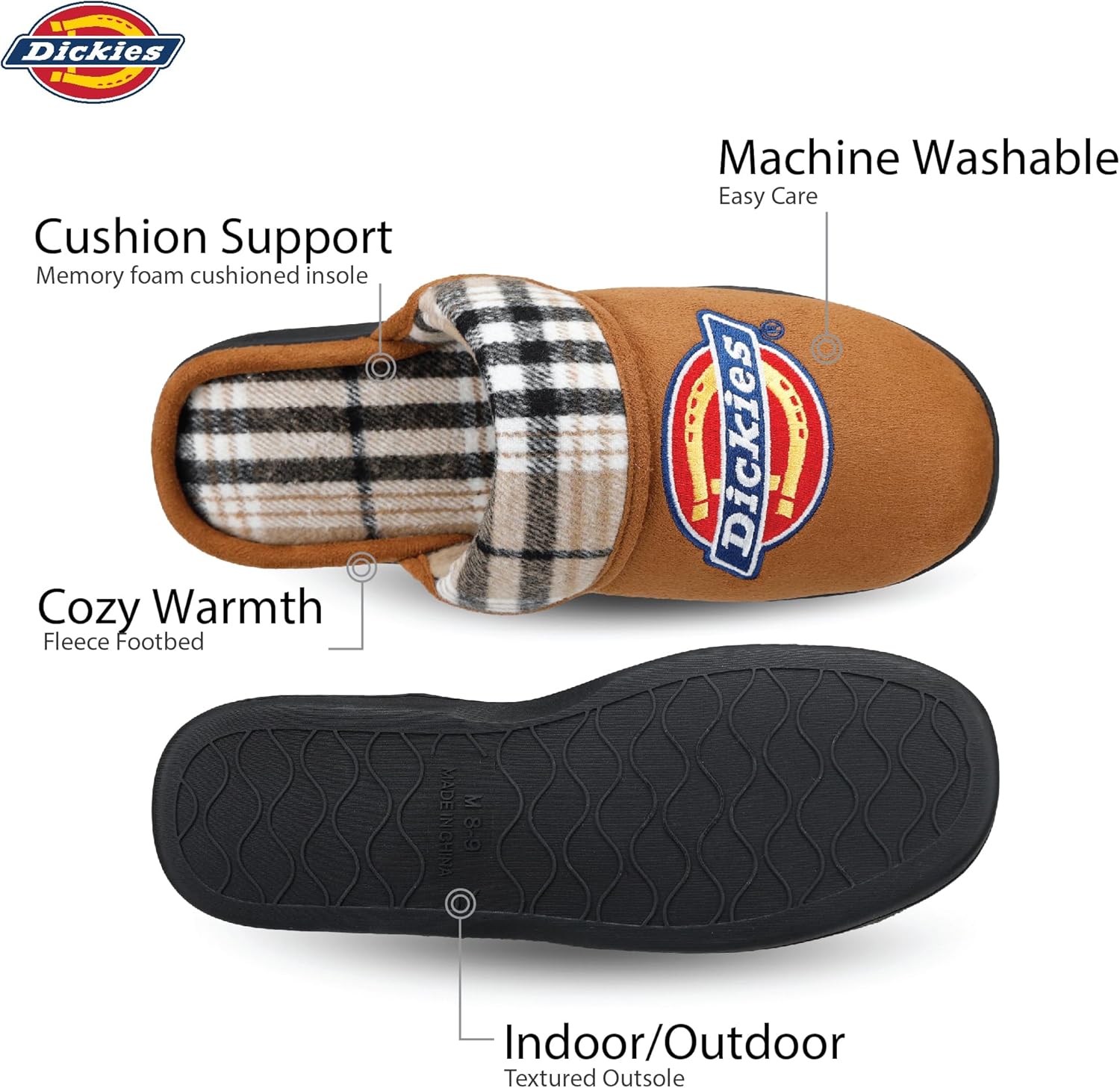 Мужские тапочки Dickies с амортизирующей стелькой с эффектом памяти и вышитым логотипом - подошва для дома и улицы, Tan — фото 3