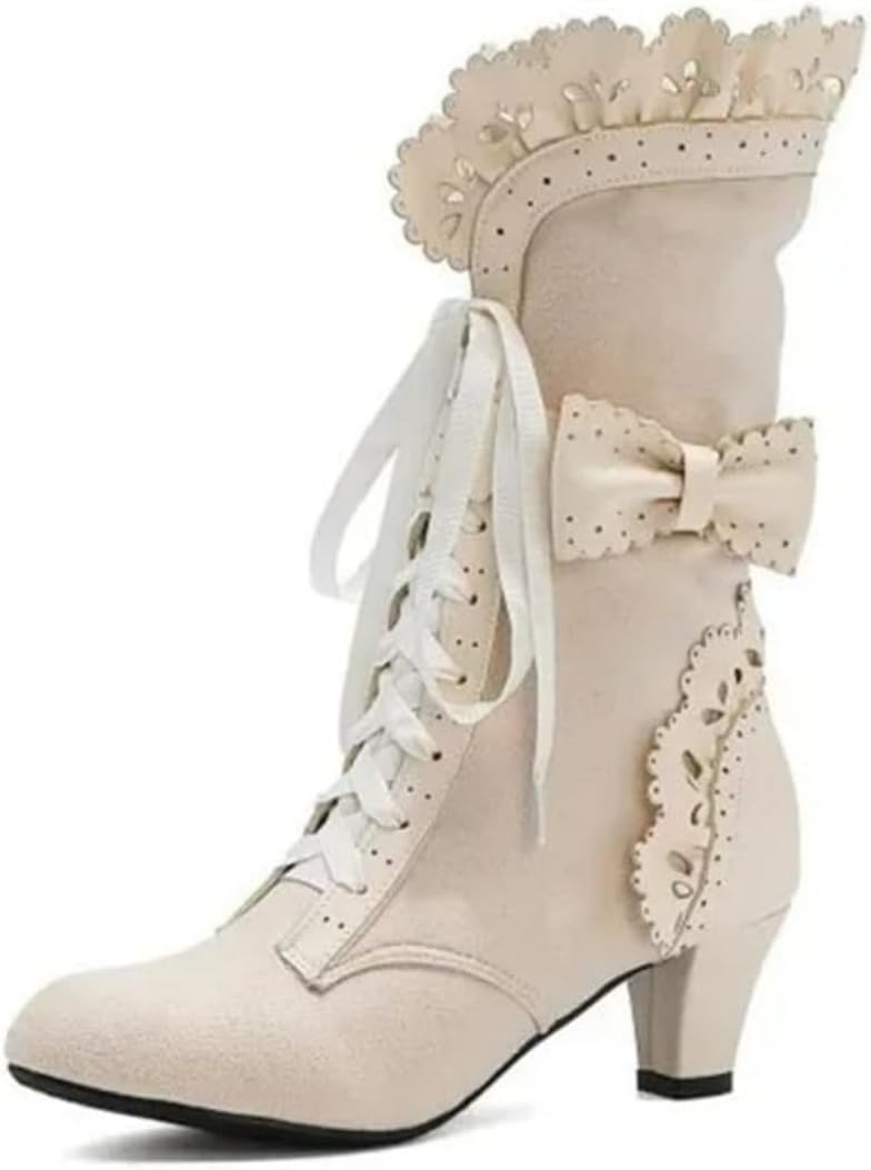 

Женские винтажные викторианские ботинки на шнуровке с грубой подошвой, милый бантик, костюмные туфли для косплея, свадебные ботильоны, готические танцевальные туфли, кавай-лоли обувь Movnebyro, бежевый
