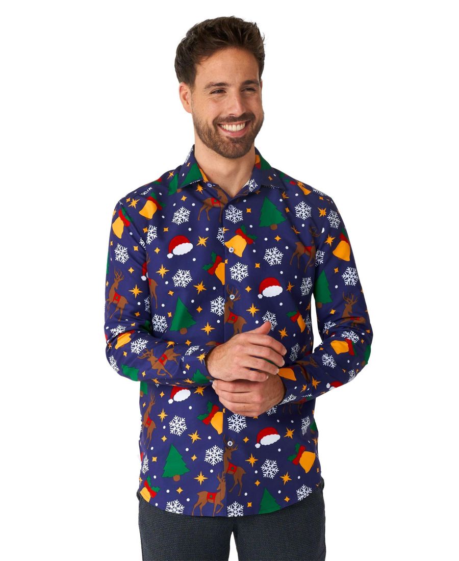 

Мужская рубашка с изображением елки - рубашка для рождественской вечеринки - стильная рубашка на пуговицах - зеленая - с длинным рукавом Suitmeister, Blue