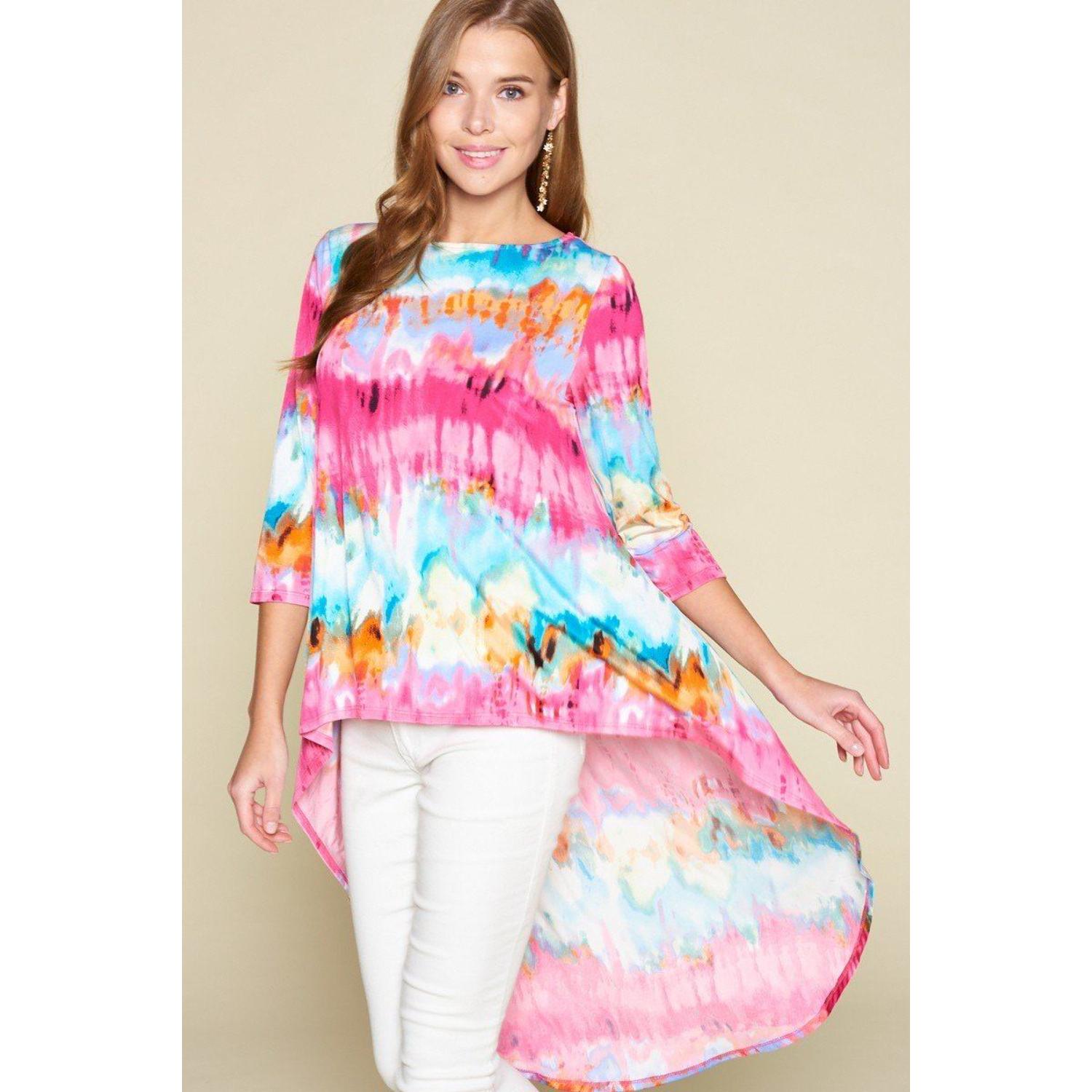 

Модный топ Venechia High Low с рукавами 3/4 и принтом тай-дай FASHNZFAB, фуксия