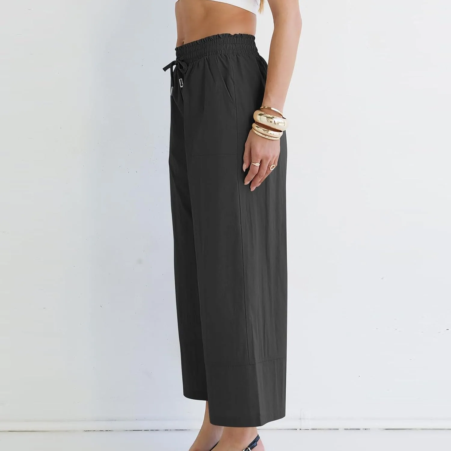 Летние брюки для женщин Cotton Linen Wide Leg с кулиской, повседневные, для пляжа, тренд 2026 Generic, черный — фото 3