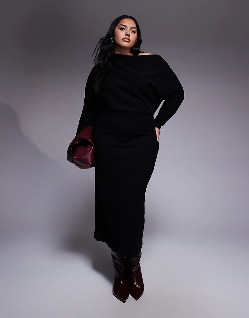 

Супермягкая миди-юбка с длинными рукавами и спущенной линией плеч ASOS DESIGN Curve черного цвета