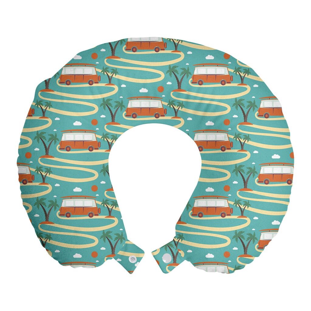 

ABAKUHAUS Happy Camper Travel Pillow Подушка для шеи, летний фургон и пальмы, пенопластовые дорожные принадлежности для самолета и автомобиля, 30x30 см, морская пена и разноцветные