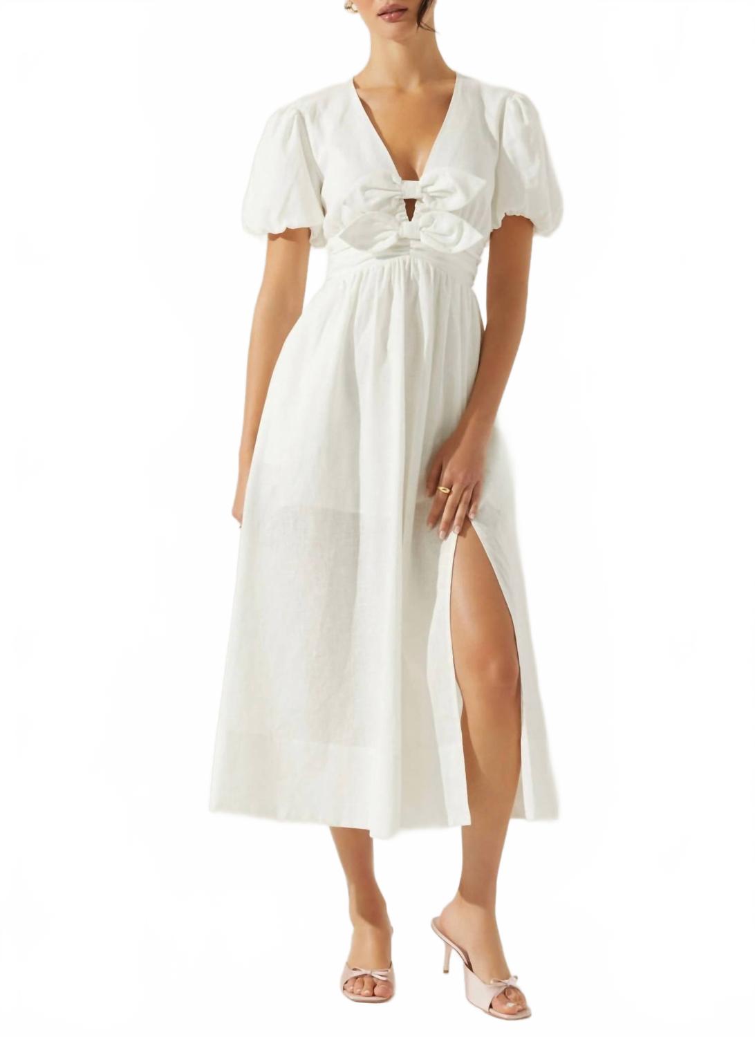 

Белое цитриновое льняное миди-платье с бантом на лифе ASTR