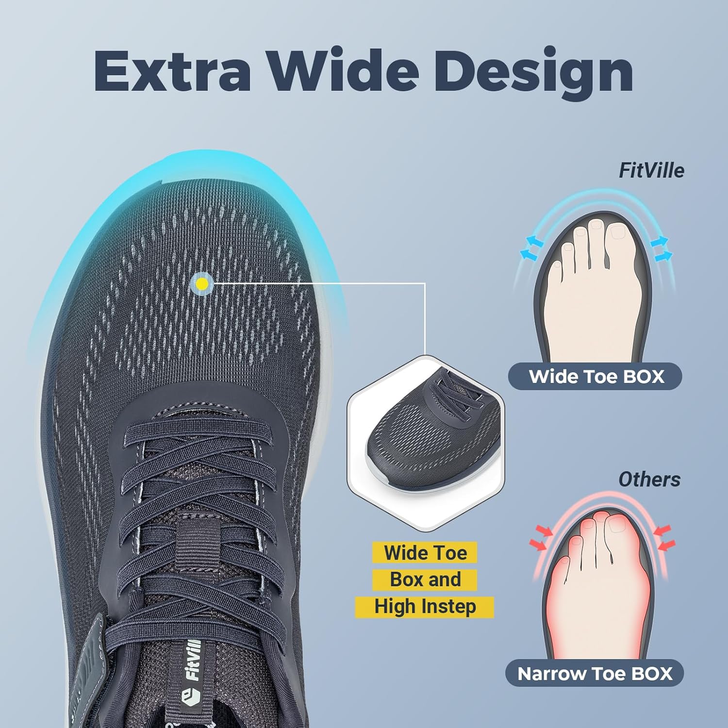 Кроссовки FitVille Wide Walking Shoes для мужчин, широкие, с поддержкой свода стопы, удобные, легкие беговые кроссовки для мужчин при плоскостопии и подошвенном фасциите - Cloud Wanderer V22, синий — фото 2
