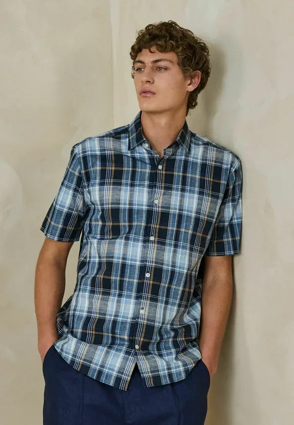 Рубашка Next, Regular fit cotton linen check short sleeve shirt, синий мадрас