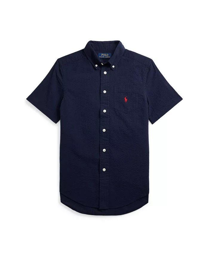 

Рубашка с коротким рукавом из ткани в полоску Big Boys Seersucker Polo Ralph Lauren, синий