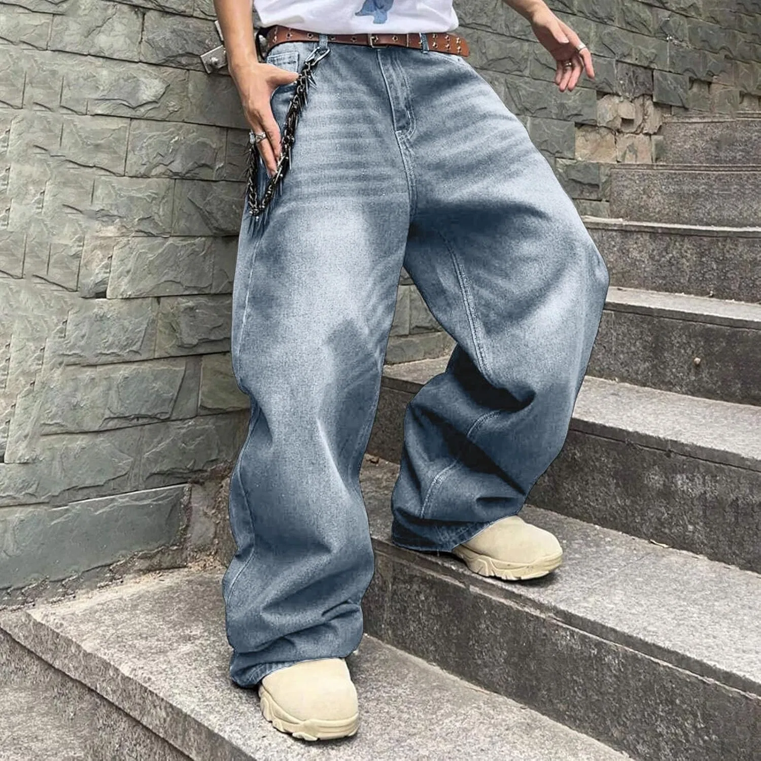 Джинсы свободные Men's Wide Leg Jeans Light Blue — фото 3