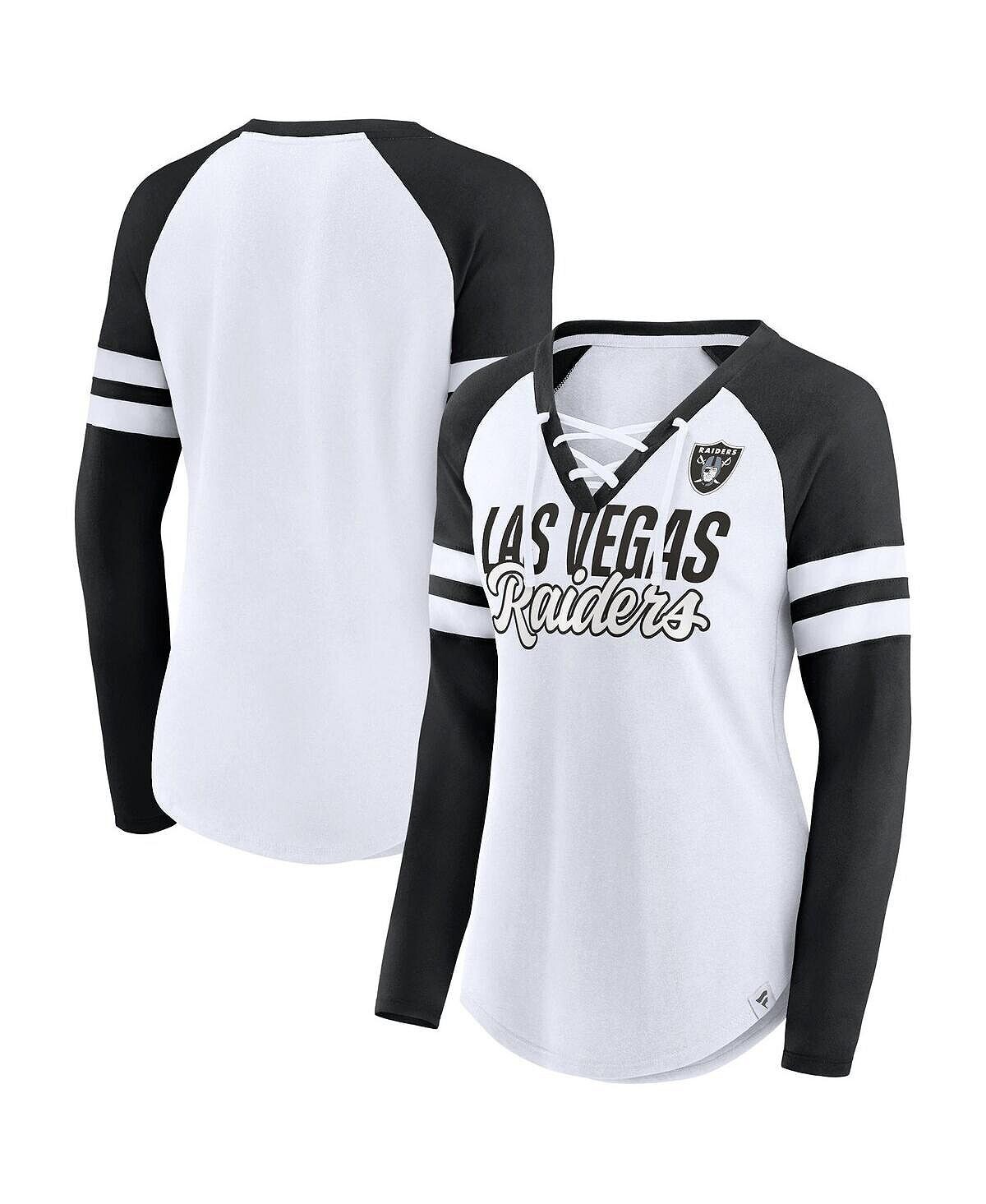 

Женская фирменная белая футболка Las Vegas Raiders размера плюс, правильная форма, на шнуровке, с v-образным вырезом, реглан, с длинными рукавами Fanatics, белый
