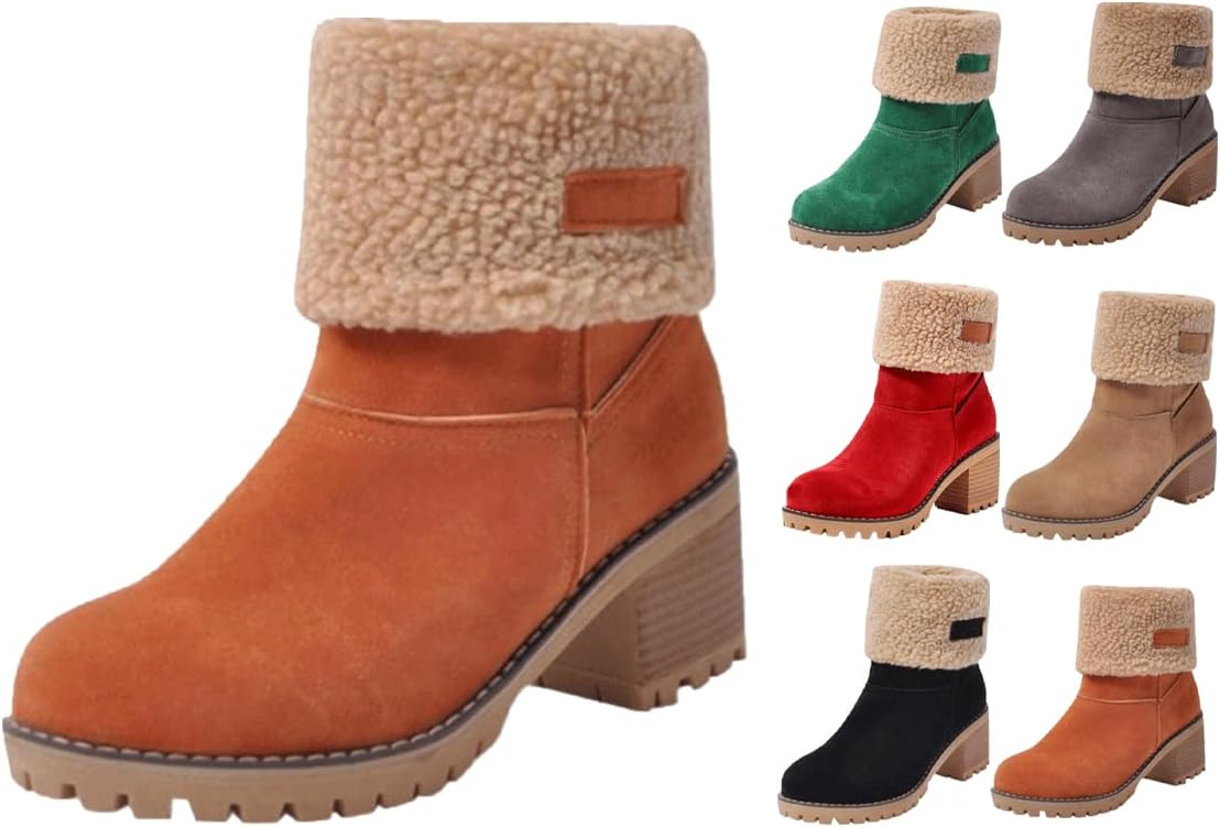 

Зимние женские ботинки из замши в винтажном стиле, повседневные модные ботильоны на каблуке, уютные ботинки с отворотами, обувь средней высоты на толстом подошве, теплые ботинки на легкой шнуровке Generic, оранжевый