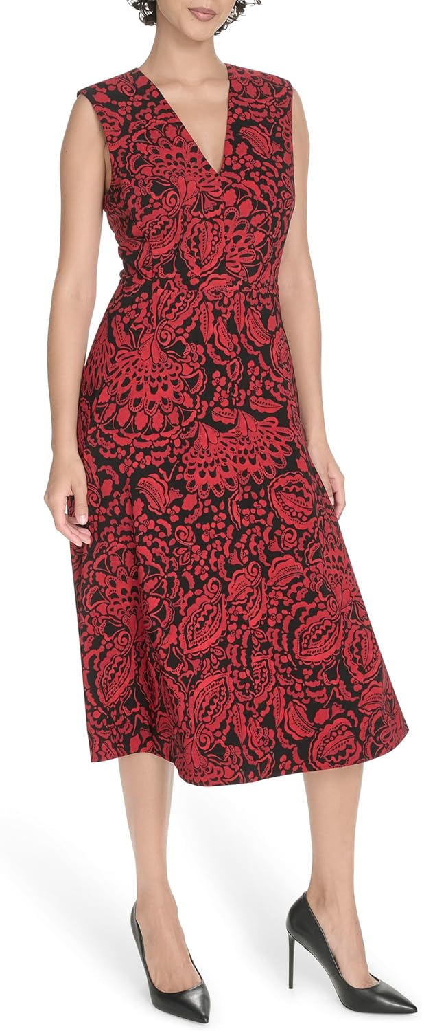 

Женское платье миди Tommy Hilfiger без рукавов с V-образным вырезом и расклешенной юбкой, Black/Scarlet