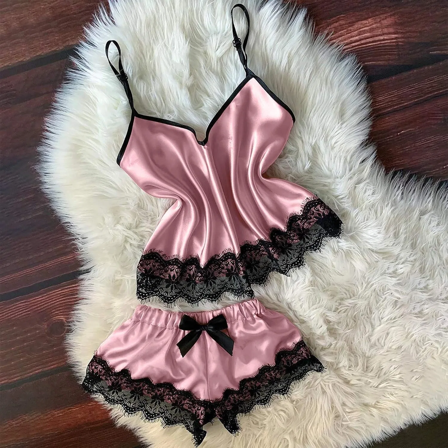 Комплект пижамы женский из кружева и атласа, A01 Pink — фото 2