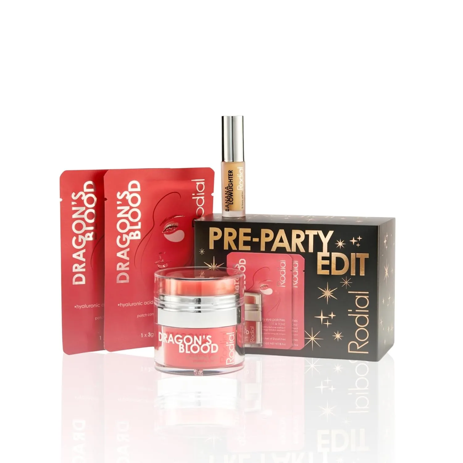 Набор Rodial Pre-Party Edit - праздничный подарочный набор для ухода за кожей и макияжа, включающий хайлайтер Banana Lowlighter (0,07 унции), скульптурирующий гель Dragon's Blood (0,30 жидкой унции) и 2 патча для глаз Dragon's Blood
