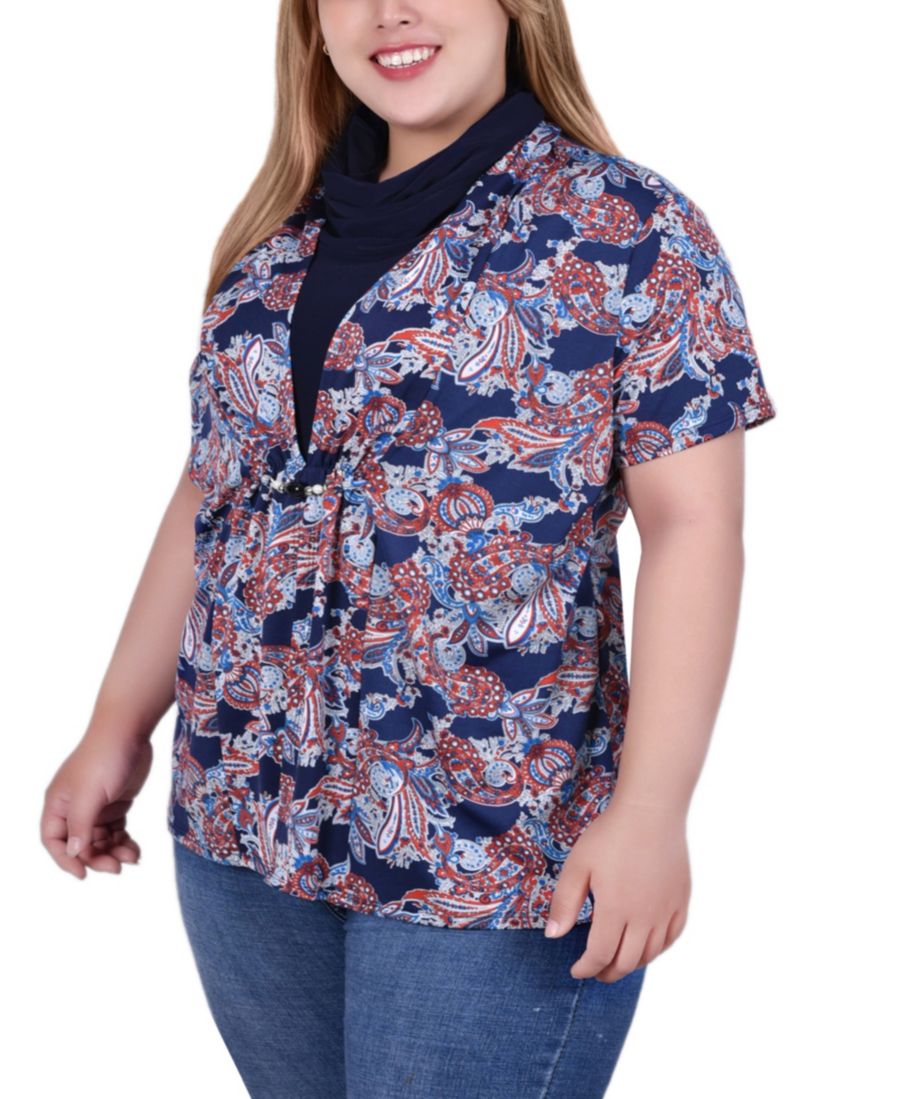 

Топ с коротким рукавом и воротником-хомутом больших размеров NY Collection, Navy Combo