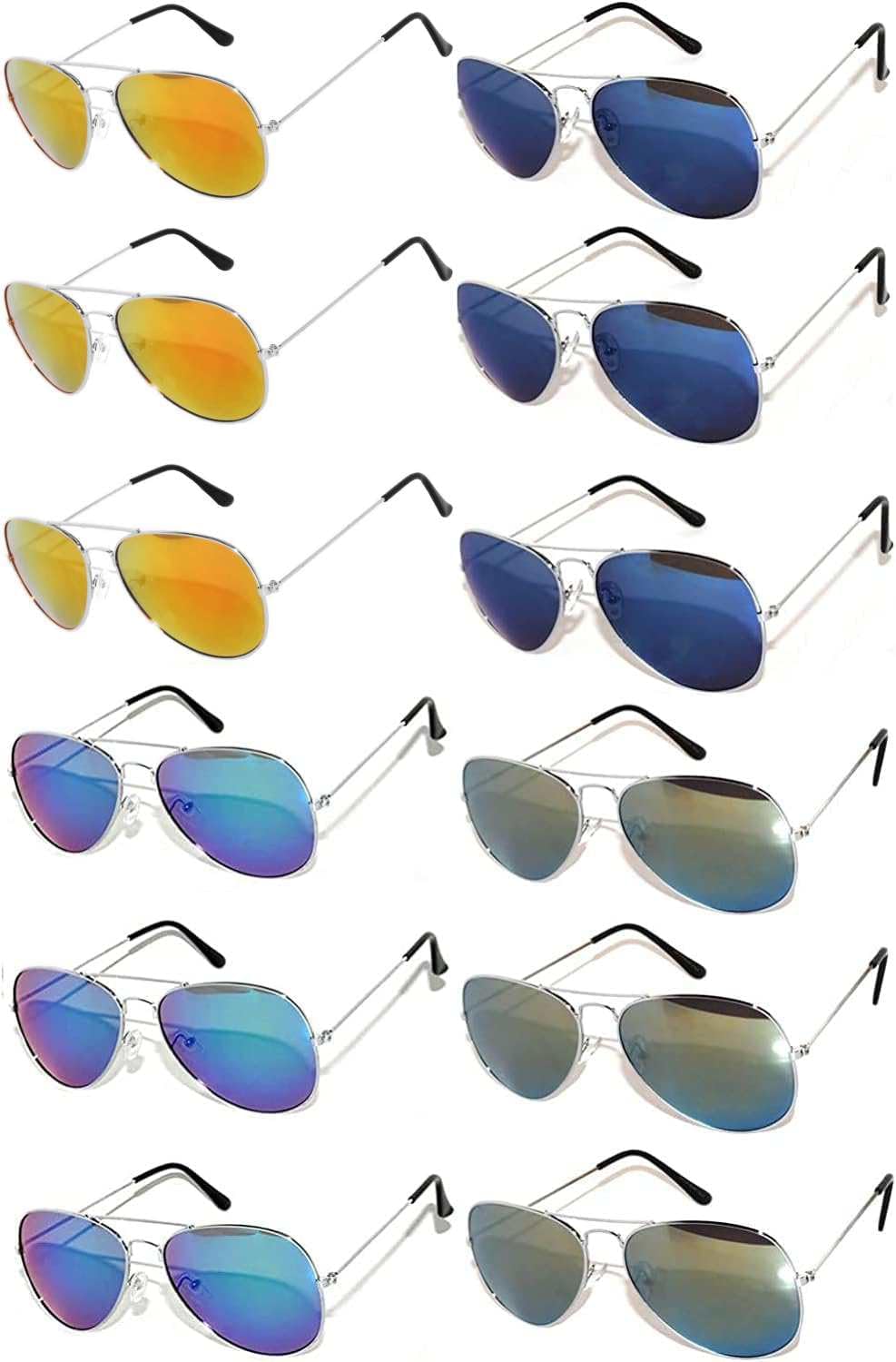 

Оптовая продажа солнцезащитных очков-авиаторов в серебристой металлической оправе с зеркальными линзами, синего, сине-зеленого, красного и желтого цвета — 12 пар OWL , Yellow,blue,blue-green