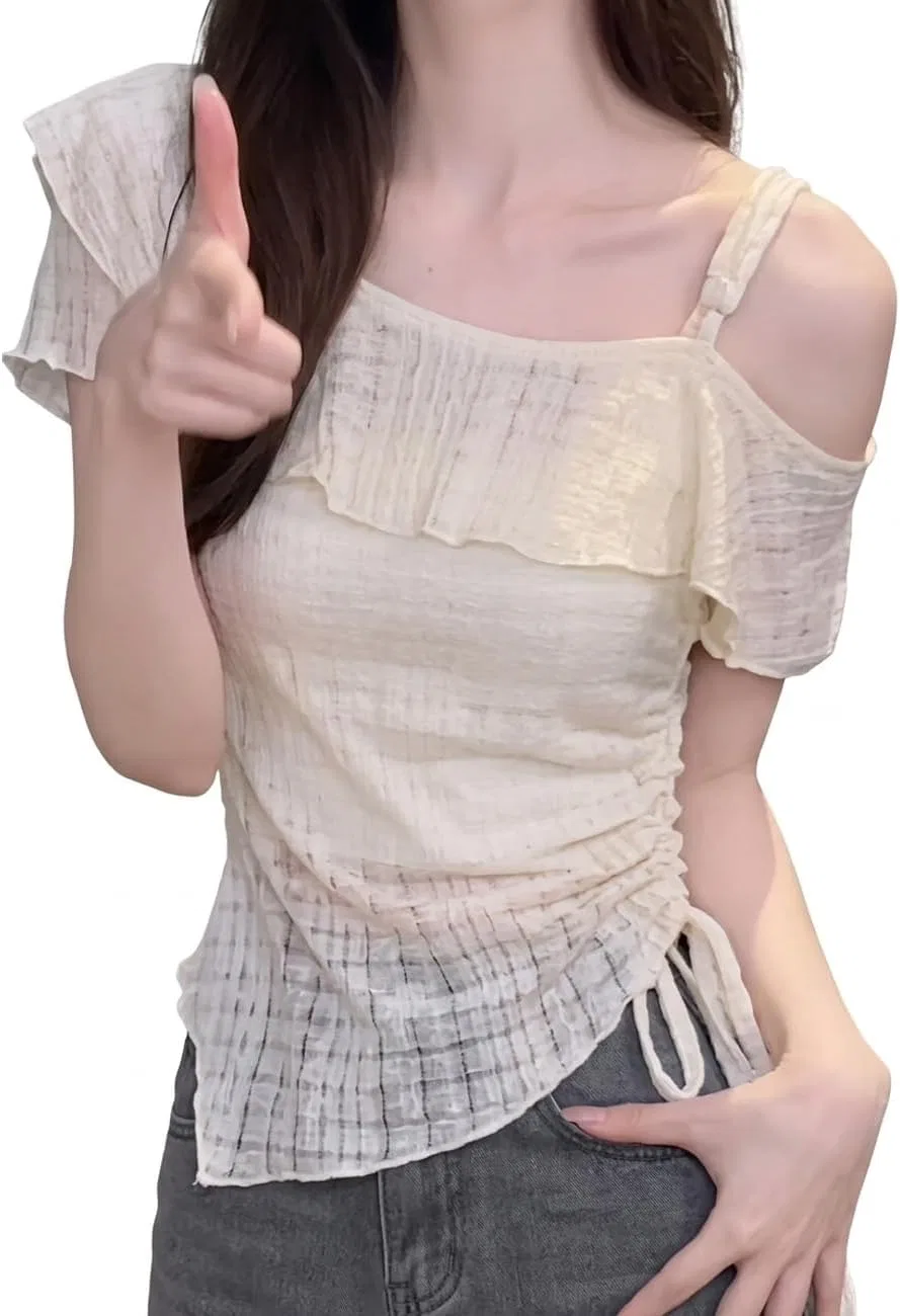 Блуза с рюшами, асимметричная, Off Shoulder, абрикосовый