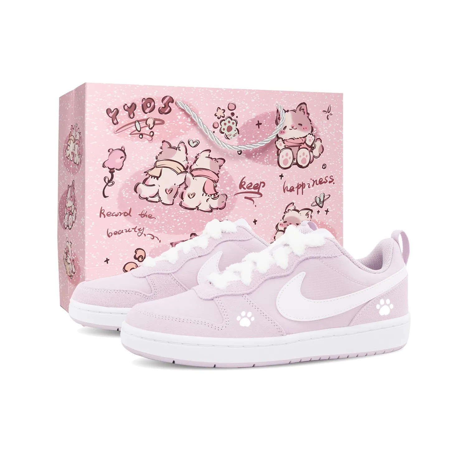 Кроссовки Court Borough Peach Velvet Cat Paw, shopping bag, на платформе, износостойкие, низкие, для скейтбординга Nike, Light Purple