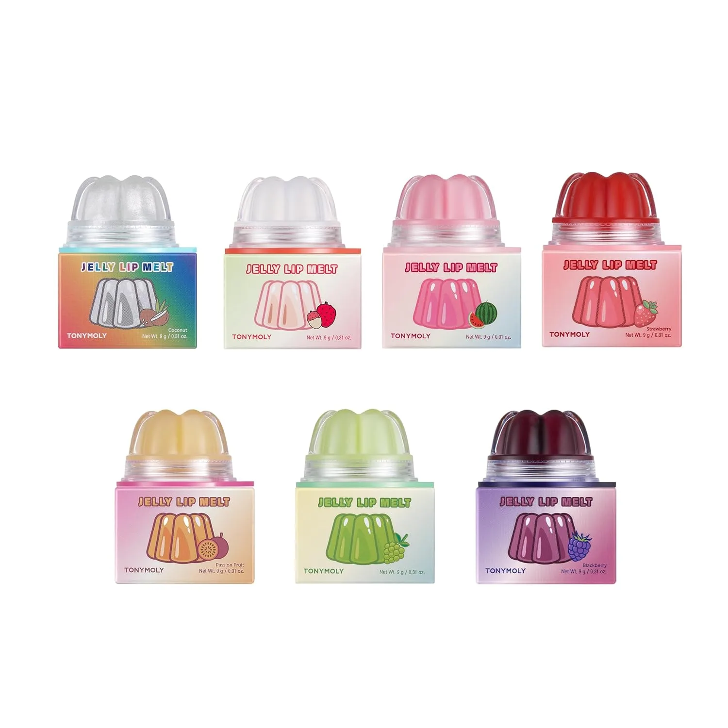 Набор Jelly Lip Melt Rainbow - увлажняющий блеск для губ с фруктовыми экстрактами, 7 шт (по 9 г) Tonymoly, Rainbow Set 7 Count