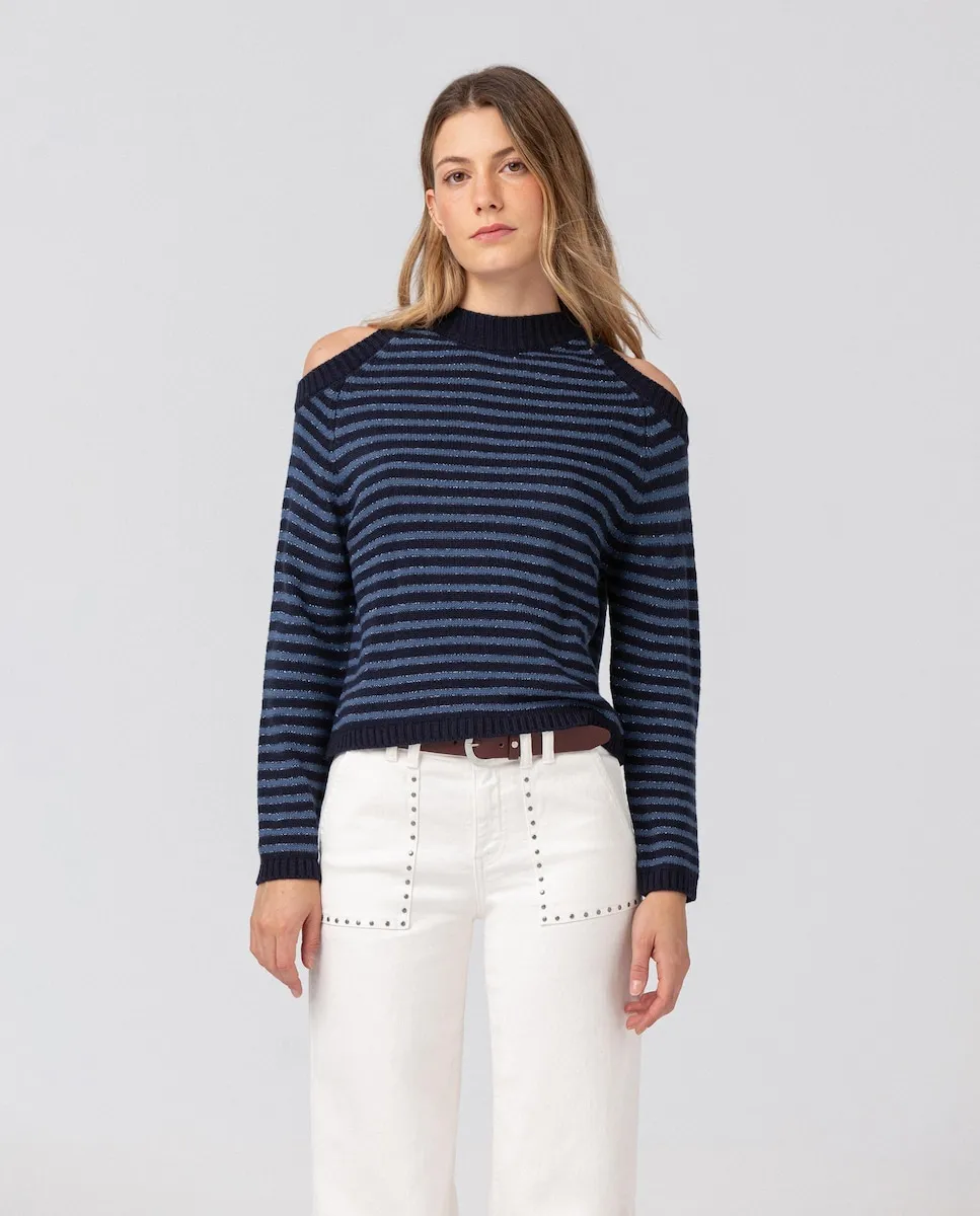 

Женский полосатый джемпер с открытыми плечами Noon, синий/черный