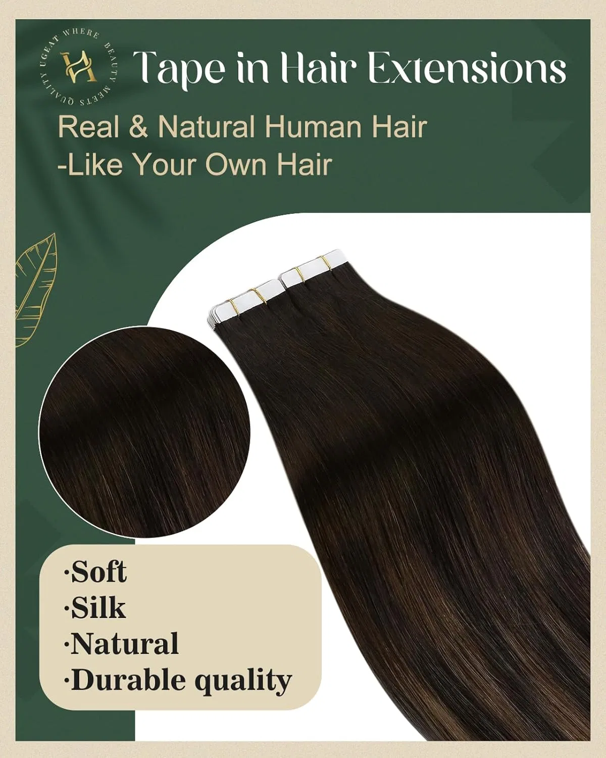 Наращивание волос на лентах из натуральных волос «Balayage Darkest Brown with Medium Brown 2/6/2» 55 см, 50 г, 20 шт. от Ugeat Ugeat — фото 2