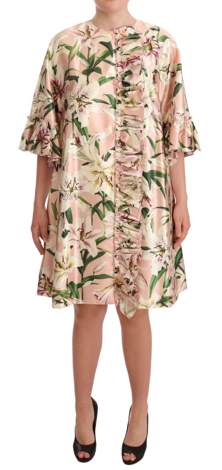 

Элегантное длинное шелковое пальто с цветочным рисунком и оборками Dolce & Gabbana, мультиколор
